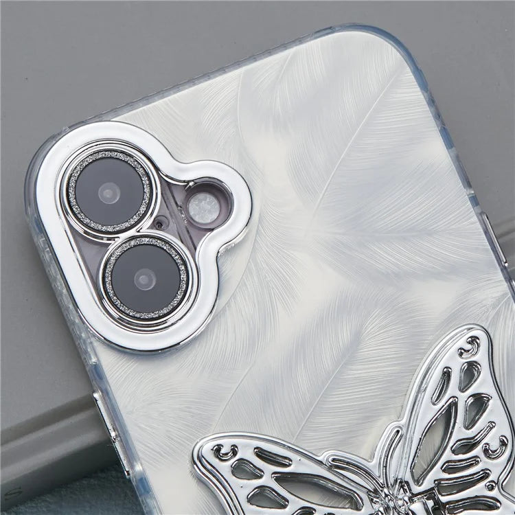 For iPhone 16 Plus Case Butterfly Kickstand PC+TPU IMD Phone Cover with Lens Film / Beaded Strap