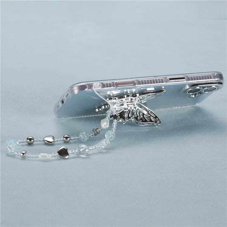 For iPhone 16 Plus Case Butterfly Kickstand PC+TPU IMD Phone Cover with Lens Film / Beaded Strap
