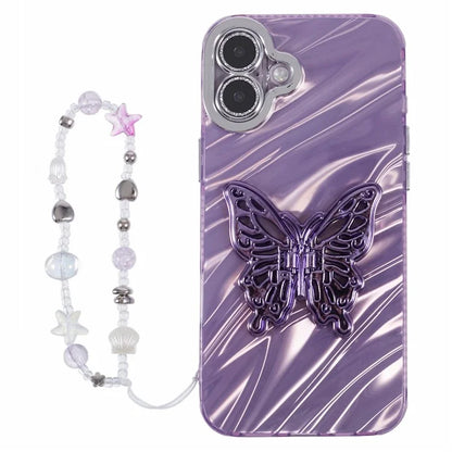 For iPhone 16 Plus Case Butterfly Kickstand PC+TPU IMD Phone Cover with Lens Film / Beaded Strap