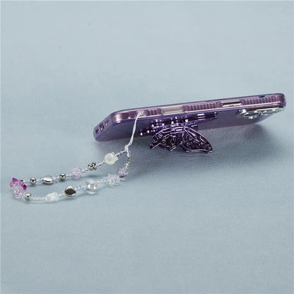 For iPhone 16 Plus Case Butterfly Kickstand PC+TPU IMD Phone Cover with Lens Film / Beaded Strap