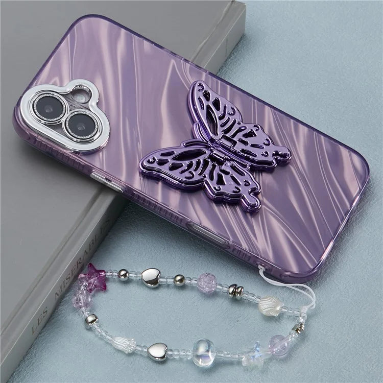 For iPhone 16 Plus Case Butterfly Kickstand PC+TPU IMD Phone Cover with Lens Film / Beaded Strap