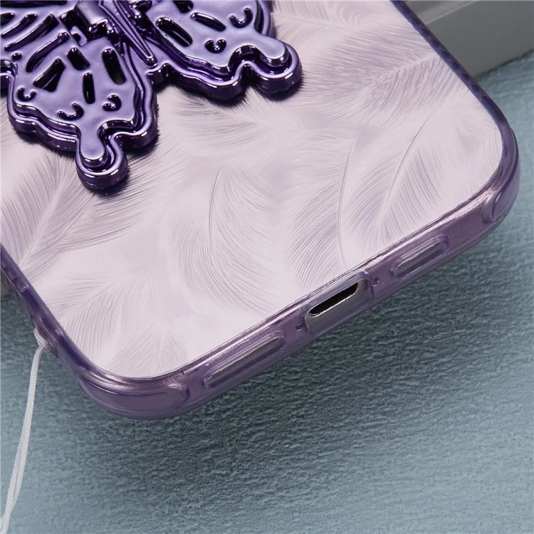 For iPhone 16 Plus Case Butterfly Kickstand PC+TPU IMD Phone Cover with Lens Film / Beaded Strap