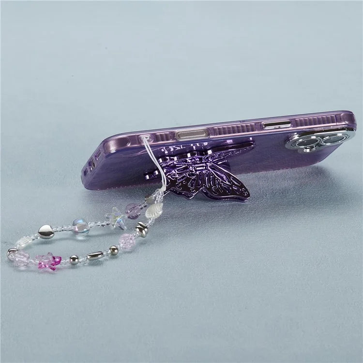 For iPhone 16 Plus Case Butterfly Kickstand PC+TPU IMD Phone Cover with Lens Film / Beaded Strap