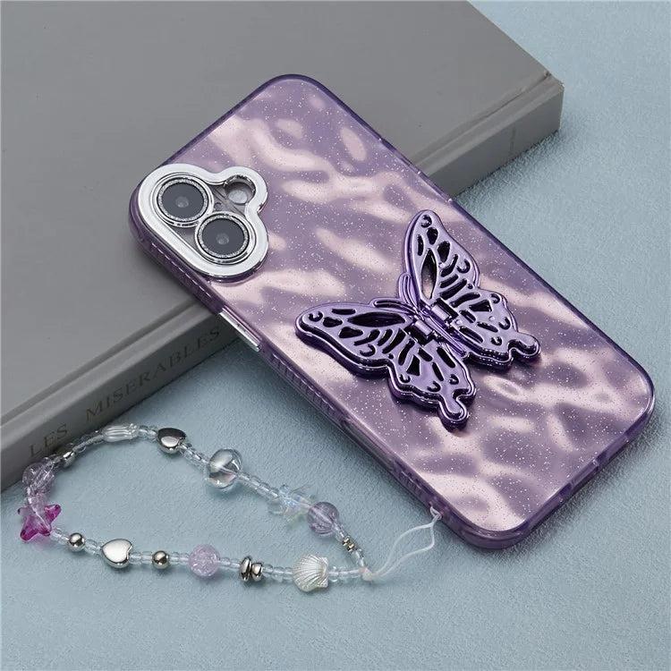 For iPhone 16 Plus Case Butterfly Kickstand PC+TPU IMD Phone Cover with Lens Film / Beaded Strap