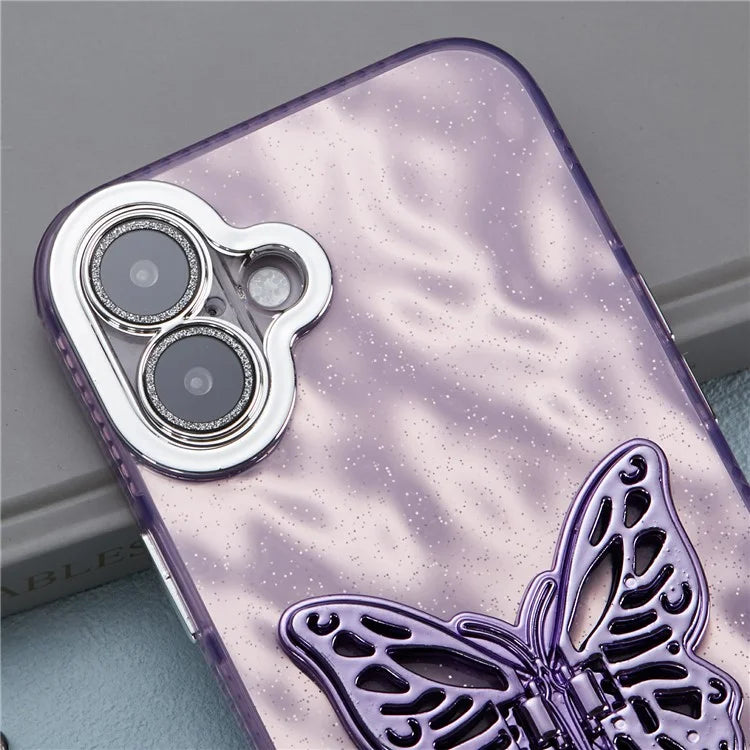 For iPhone 16 Plus Case Butterfly Kickstand PC+TPU IMD Phone Cover with Lens Film / Beaded Strap