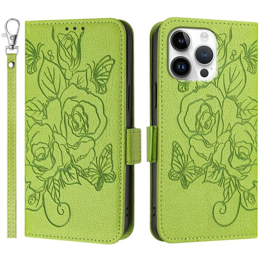 For iPhone 16 Pro Max Case Rose Imprinted RFID Blocking Leather Phone Cover with Strap