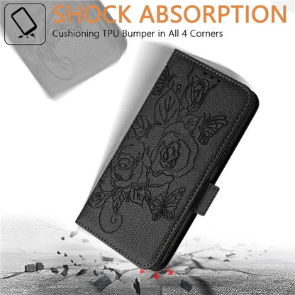 For iPhone 16 Pro Max Case Rose Imprinted RFID Blocking Leather Phone Cover with Strap