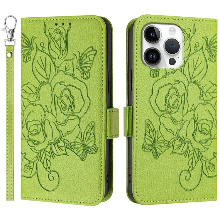 For iPhone 16 Pro Case Rose Imprinted RFID Blocking Leather Phone Cover with Strap