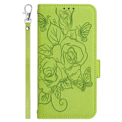 For iPhone 16 Pro Case Rose Imprinted RFID Blocking Leather Phone Cover with Strap