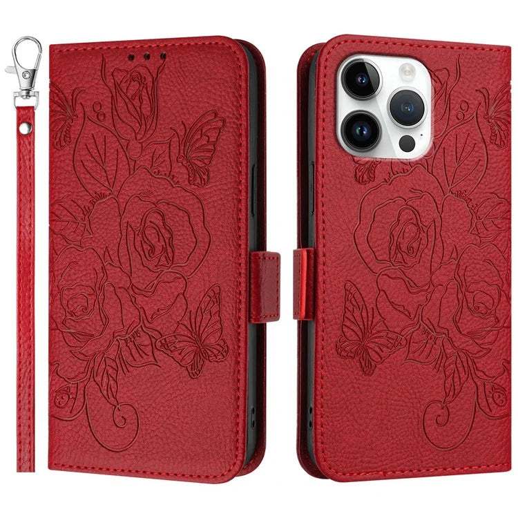 For iPhone 16 Pro Case Rose Imprinted RFID Blocking Leather Phone Cover with Strap