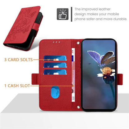 For iPhone 16 Pro Case Rose Imprinted RFID Blocking Leather Phone Cover with Strap