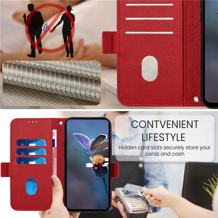 For iPhone 16 Pro Case Rose Imprinted RFID Blocking Leather Phone Cover with Strap