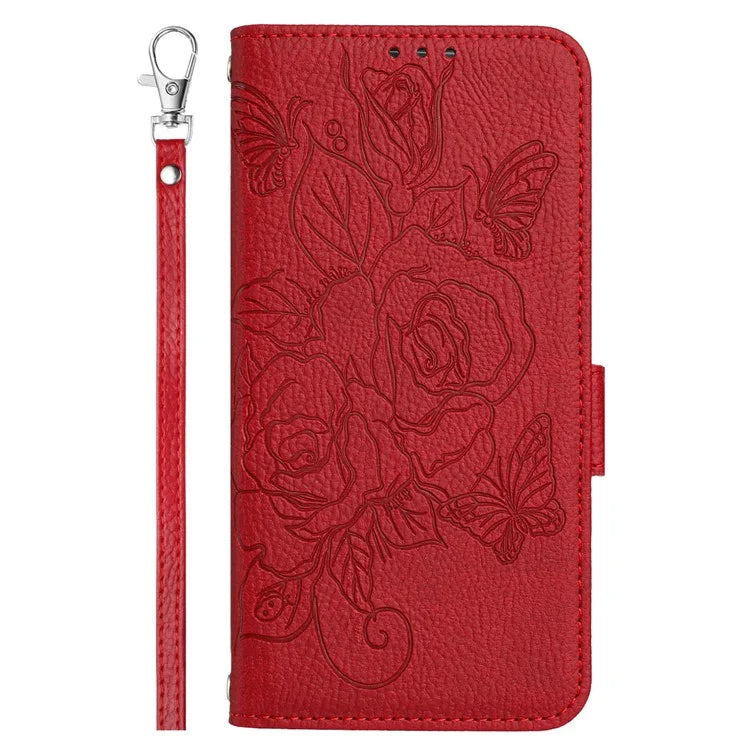 For iPhone 16 Pro Case Rose Imprinted RFID Blocking Leather Phone Cover with Strap