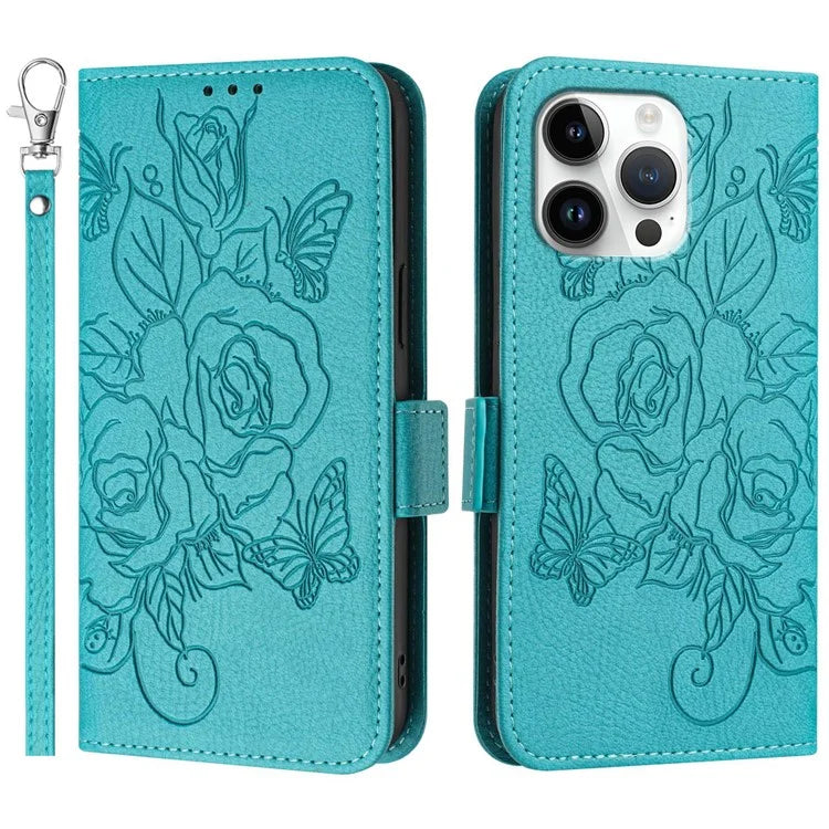 For iPhone 16 Pro Case Rose Imprinted RFID Blocking Leather Phone Cover with Strap