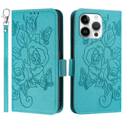 For iPhone 16 Pro Case Rose Imprinted RFID Blocking Leather Phone Cover with Strap