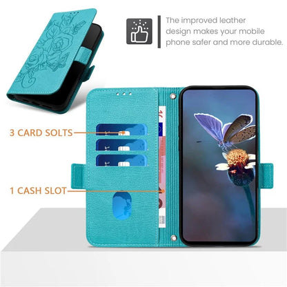 For iPhone 16 Pro Case Rose Imprinted RFID Blocking Leather Phone Cover with Strap