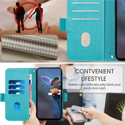 For iPhone 16 Pro Case Rose Imprinted RFID Blocking Leather Phone Cover with Strap