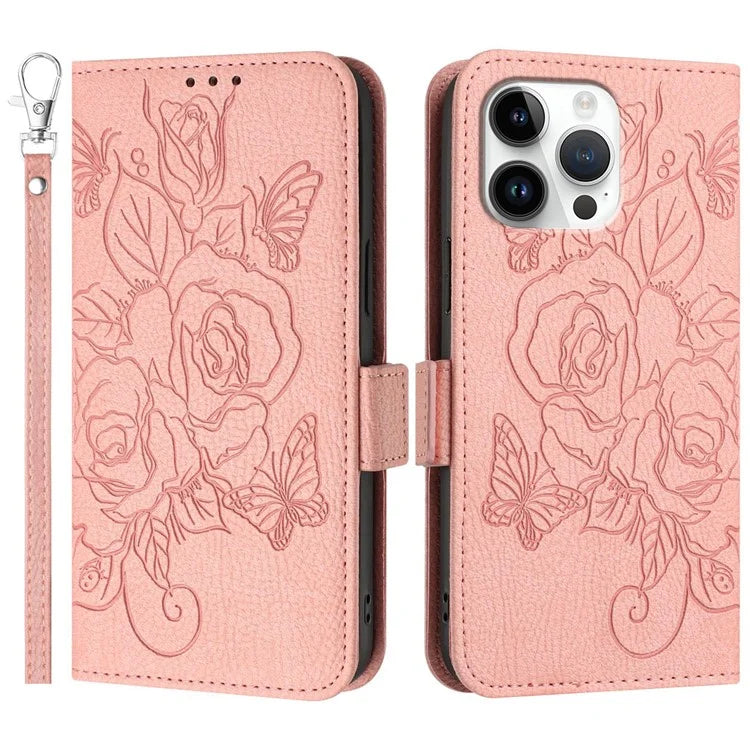 For iPhone 16 Pro Case Rose Imprinted RFID Blocking Leather Phone Cover with Strap