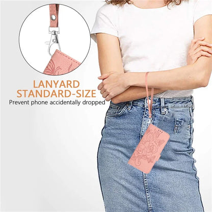 For iPhone 16 Pro Case Rose Imprinted RFID Blocking Leather Phone Cover with Strap