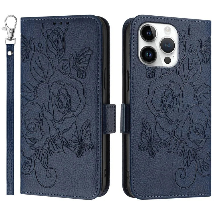 For iPhone 16 Pro Case Rose Imprinted RFID Blocking Leather Phone Cover with Strap