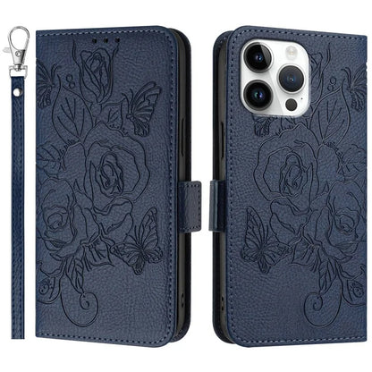 For iPhone 16 Pro Case Rose Imprinted RFID Blocking Leather Phone Cover with Strap