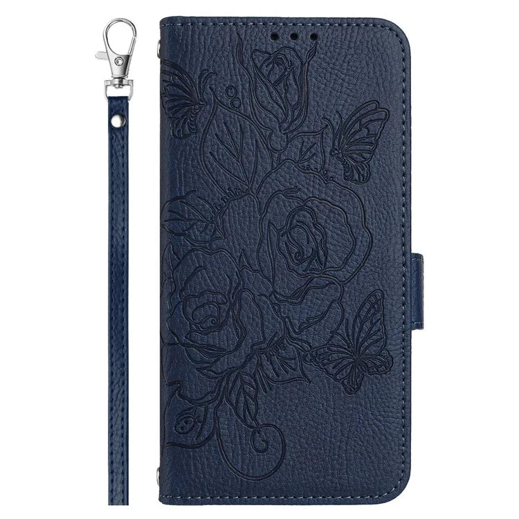 For iPhone 16 Pro Case Rose Imprinted RFID Blocking Leather Phone Cover with Strap