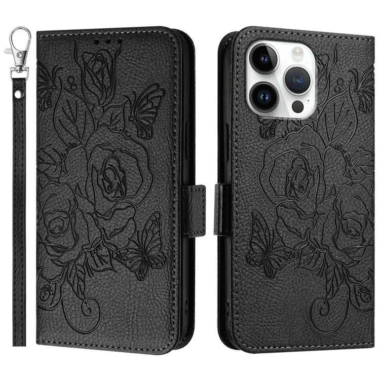 For iPhone 16 Pro Case Rose Imprinted RFID Blocking Leather Phone Cover with Strap
