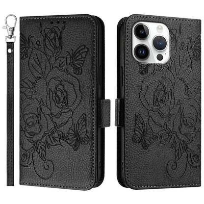 For iPhone 16 Pro Case Rose Imprinted RFID Blocking Leather Phone Cover with Strap