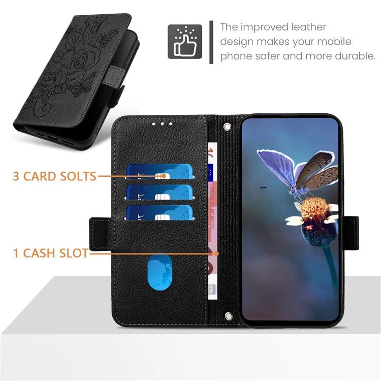 For iPhone 16 Pro Case Rose Imprinted RFID Blocking Leather Phone Cover with Strap