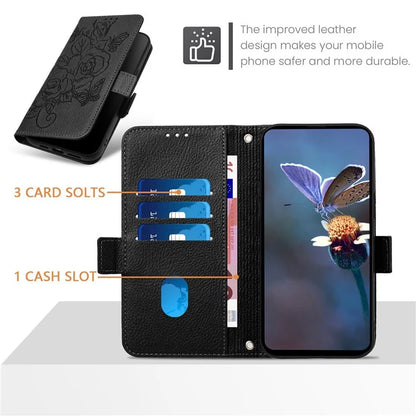 For iPhone 16 Pro Case Rose Imprinted RFID Blocking Leather Phone Cover with Strap
