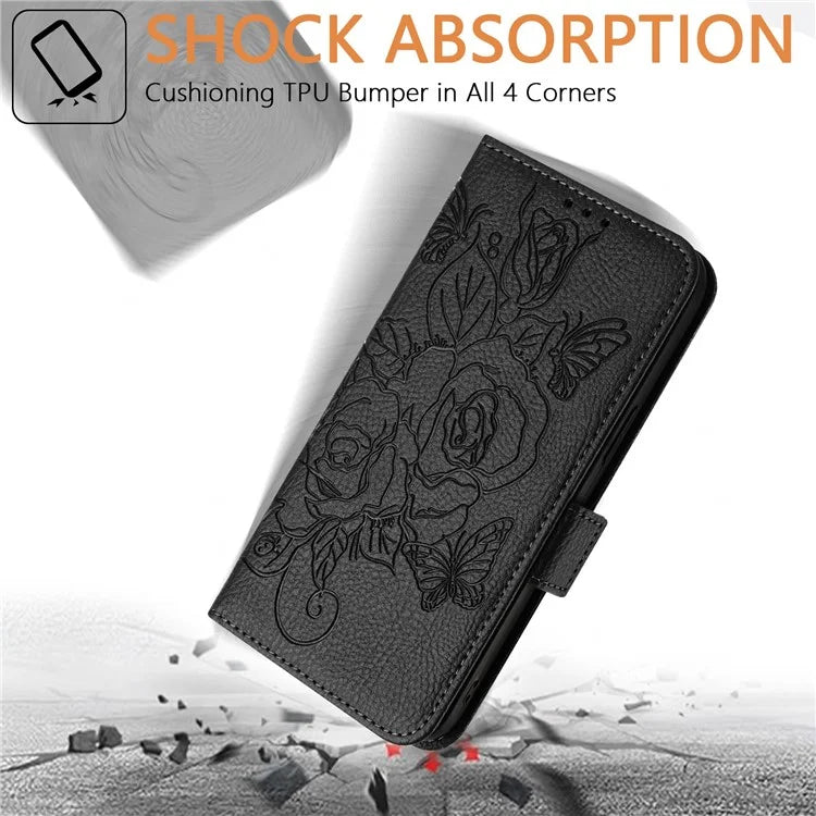 For iPhone 16 Pro Case Rose Imprinted RFID Blocking Leather Phone Cover with Strap