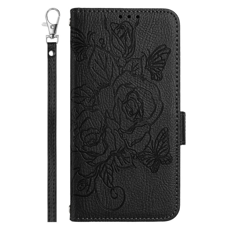 For iPhone 16 Pro Case Rose Imprinted RFID Blocking Leather Phone Cover with Strap