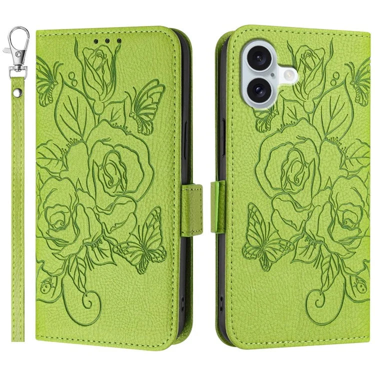 For iPhone 16 Case Rose Imprinted RFID Blocking Leather Phone Cover with Strap