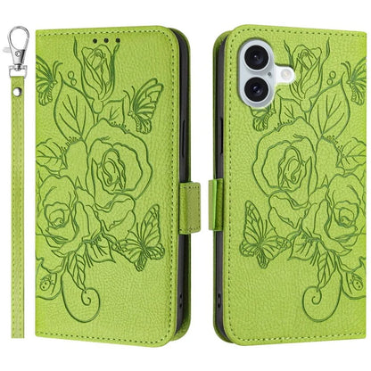 For iPhone 16 Case Rose Imprinted RFID Blocking Leather Phone Cover with Strap