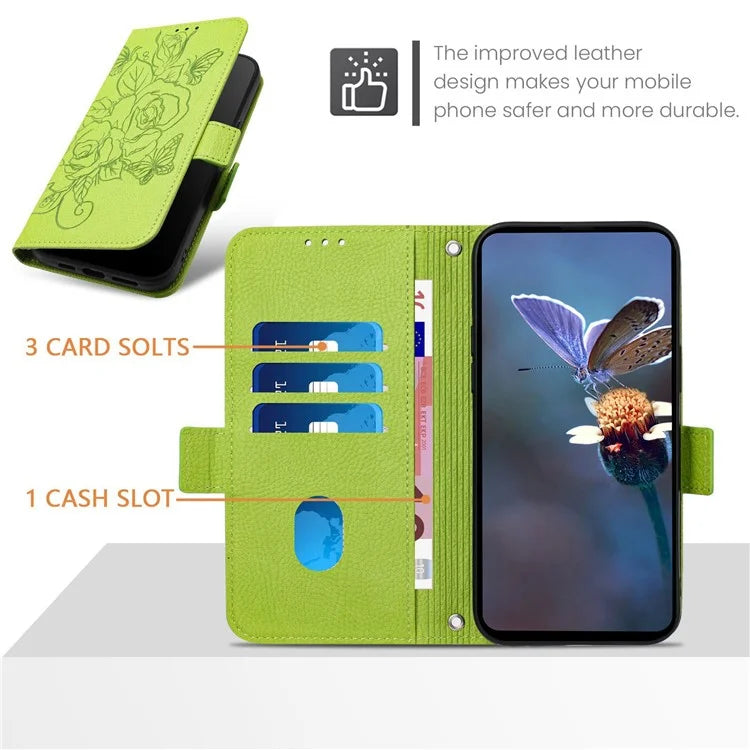 For iPhone 16 Case Rose Imprinted RFID Blocking Leather Phone Cover with Strap