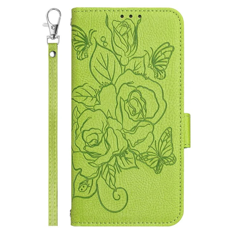 For iPhone 16 Case Rose Imprinted RFID Blocking Leather Phone Cover with Strap