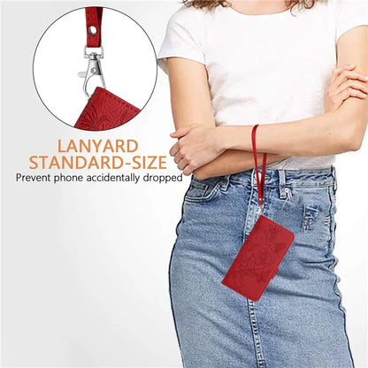 For iPhone 16 Case Rose Imprinted RFID Blocking Leather Phone Cover with Strap