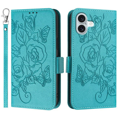 For iPhone 16 Case Rose Imprinted RFID Blocking Leather Phone Cover with Strap