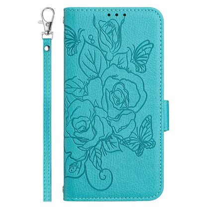 For iPhone 16 Case Rose Imprinted RFID Blocking Leather Phone Cover with Strap