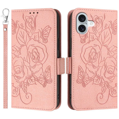 For iPhone 16 Case Rose Imprinted RFID Blocking Leather Phone Cover with Strap