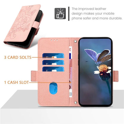 For iPhone 16 Case Rose Imprinted RFID Blocking Leather Phone Cover with Strap