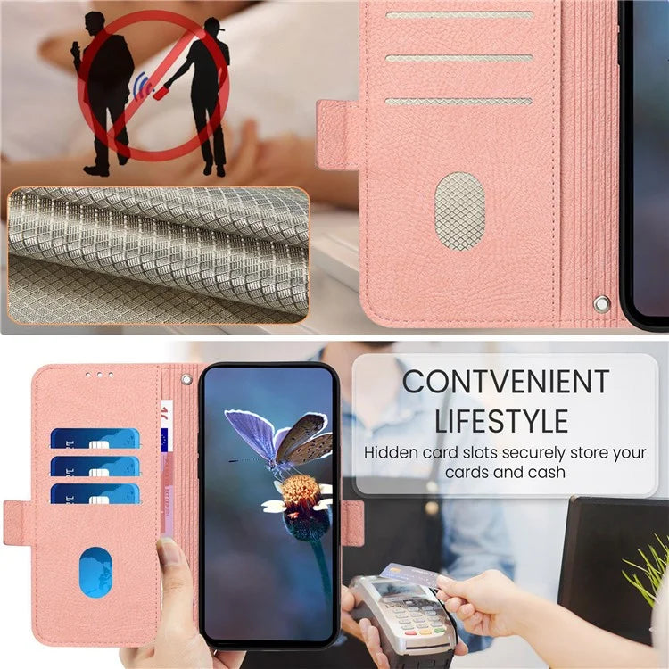 For iPhone 16 Case Rose Imprinted RFID Blocking Leather Phone Cover with Strap
