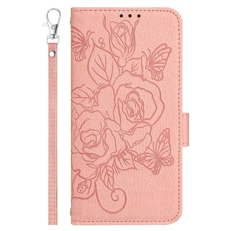 For iPhone 16 Case Rose Imprinted RFID Blocking Leather Phone Cover with Strap