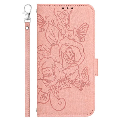For iPhone 16 Case Rose Imprinted RFID Blocking Leather Phone Cover with Strap