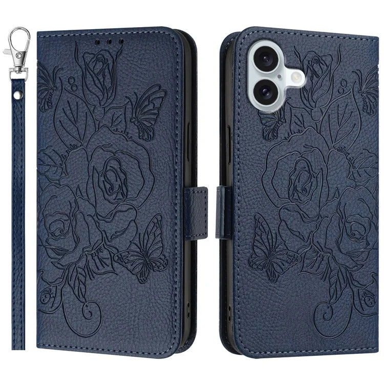 For iPhone 16 Case Rose Imprinted RFID Blocking Leather Phone Cover with Strap