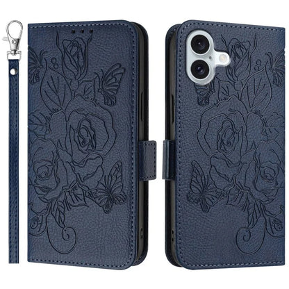 For iPhone 16 Case Rose Imprinted RFID Blocking Leather Phone Cover with Strap