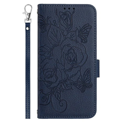 For iPhone 16 Case Rose Imprinted RFID Blocking Leather Phone Cover with Strap