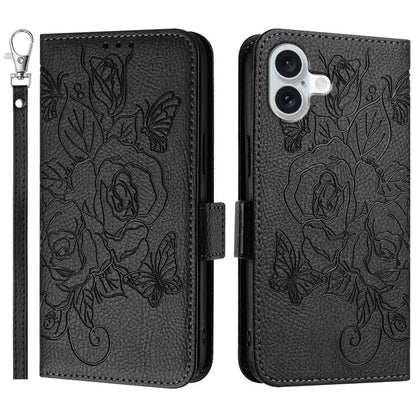 For iPhone 16 Case Rose Imprinted RFID Blocking Leather Phone Cover with Strap