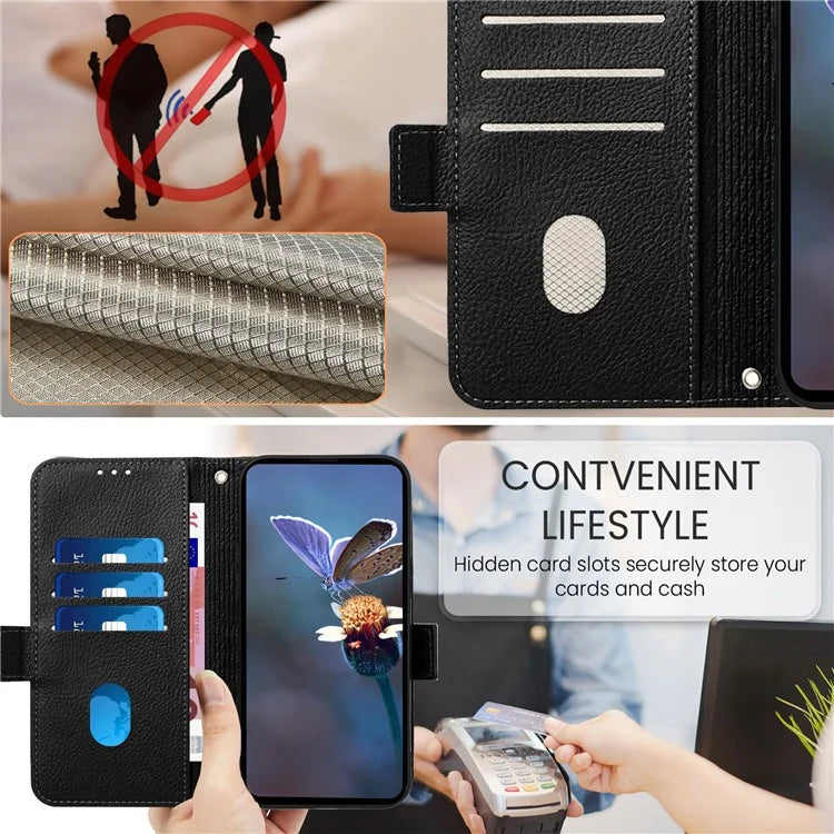 For iPhone 16 Case Rose Imprinted RFID Blocking Leather Phone Cover with Strap