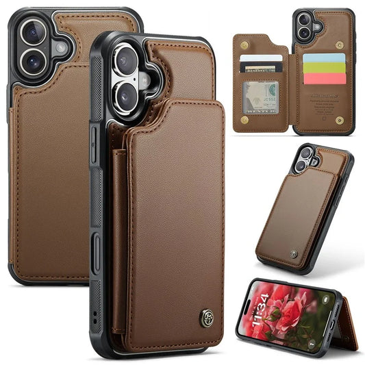 CASEME C22 Series For iPhone 16 Case Leather+TPU Cover RFID Blocking Card Slots